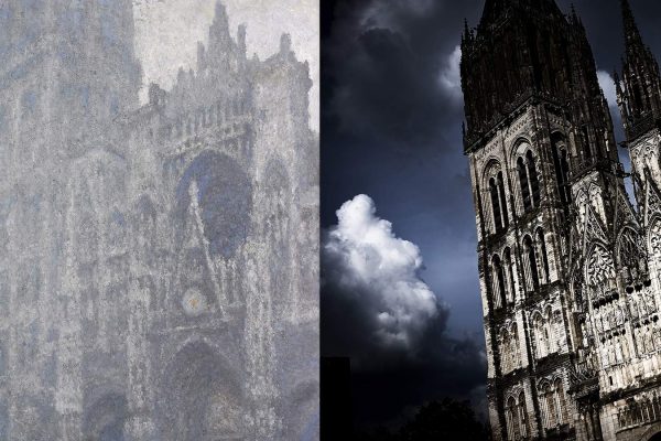 Diptyquela Cathédrale de Rouen, le Portail de la Tour d'Albane, temps gris, 1894 et instant de bonheur Rouen Normandie
