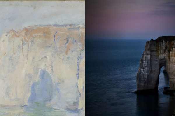 Diptyque Etretat, la Manneporte, reflets sur l'eau, vers 1885, Musée des Beaux-Arts, Caen,et instant de bonheur Etretat Normandie